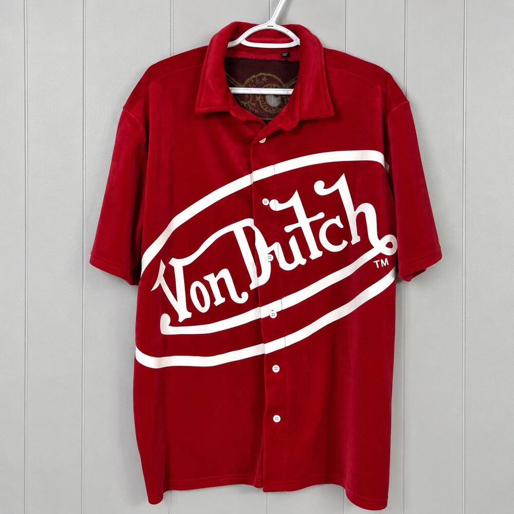Von Dutch Men’s Large Red Velour Button Up Shirt Big Logo Embroidered Flying Eye
